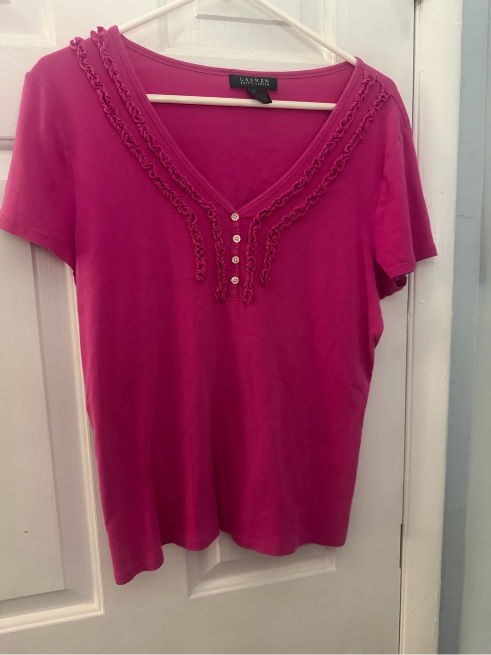 Lauren Ralph Lauren Pink Ruffle Henley Top Women’s XL 100% Cotton